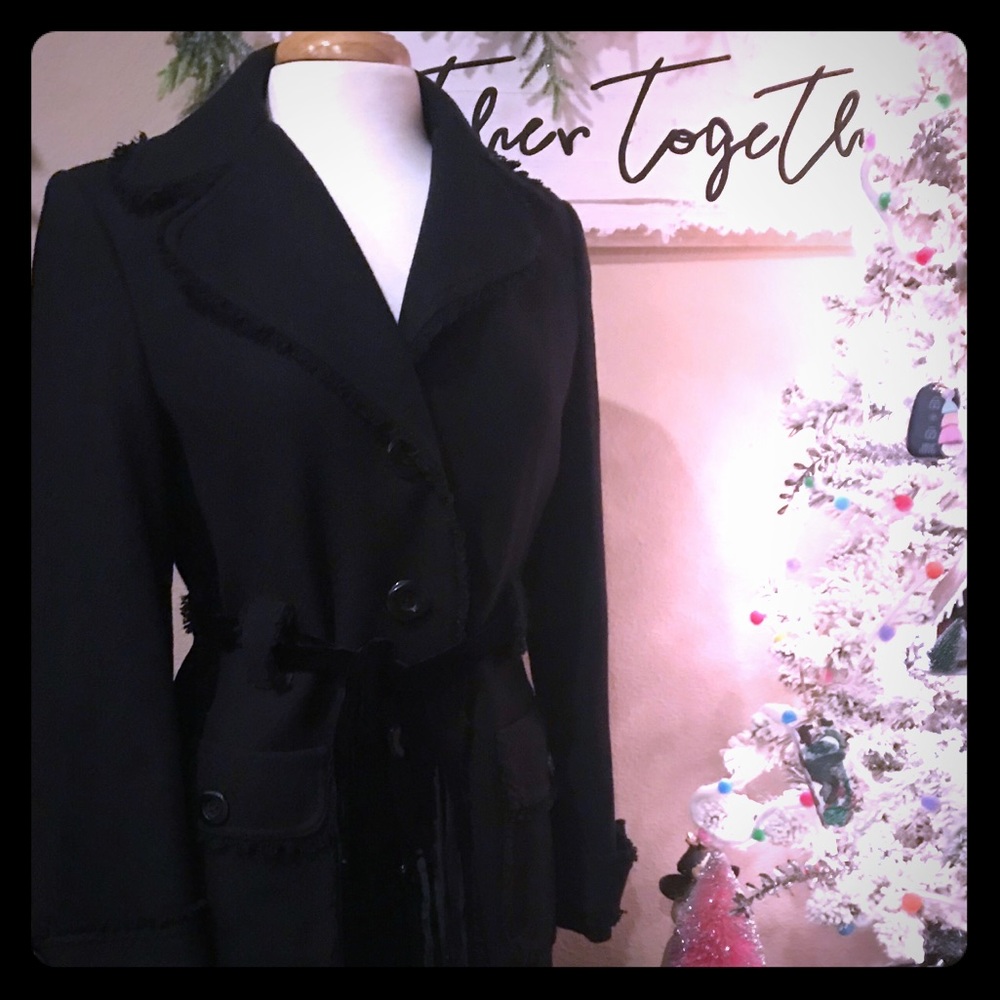 Nine West Wool Coat fringed edge & velvet belt